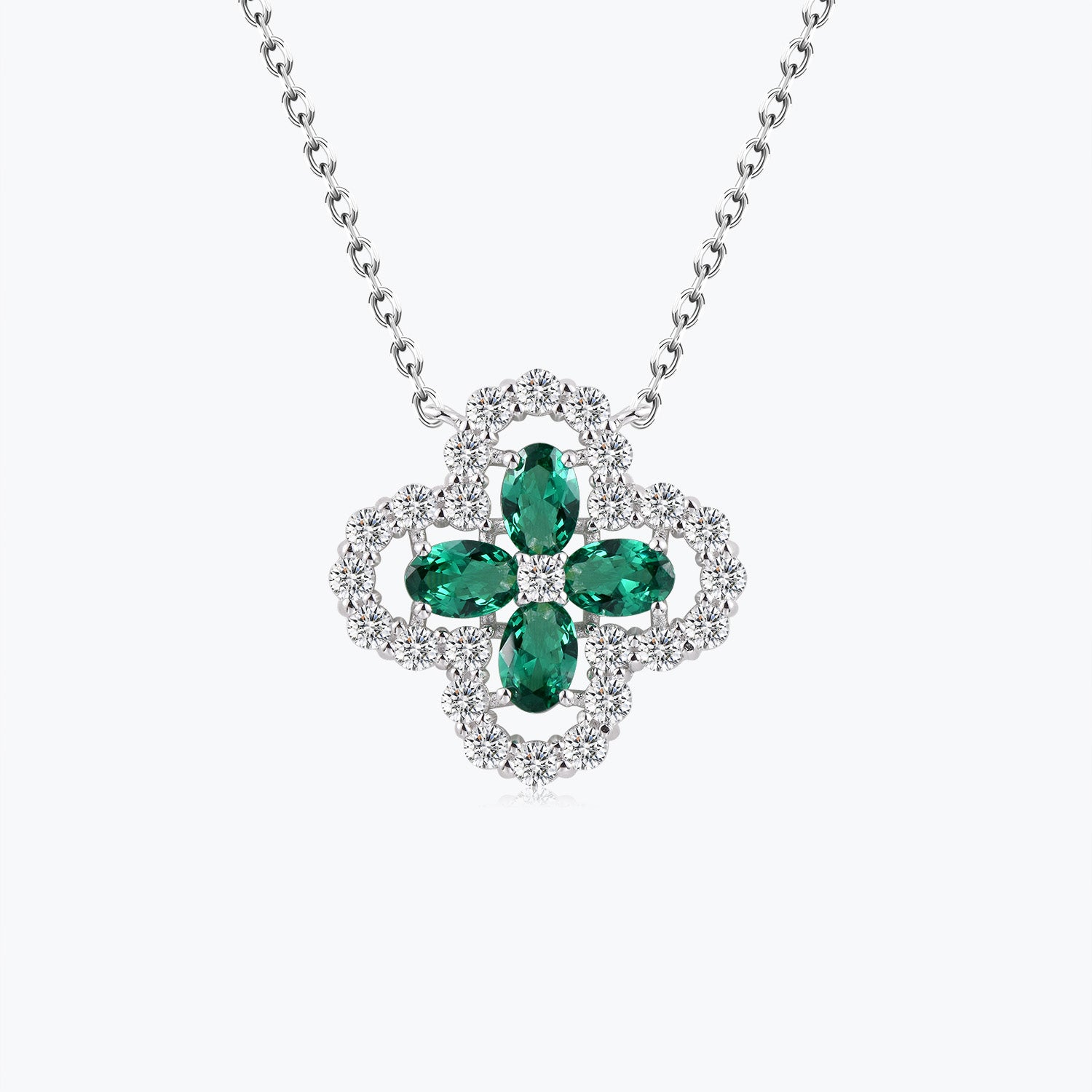 Oval Cut Emerald Four-Leaf Clover Sterling Silver Pendant Necklace