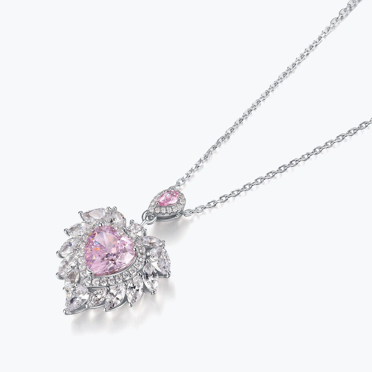 Dissoo® Pink Heart Halo Floral Cluster Sterling Silver Necklace