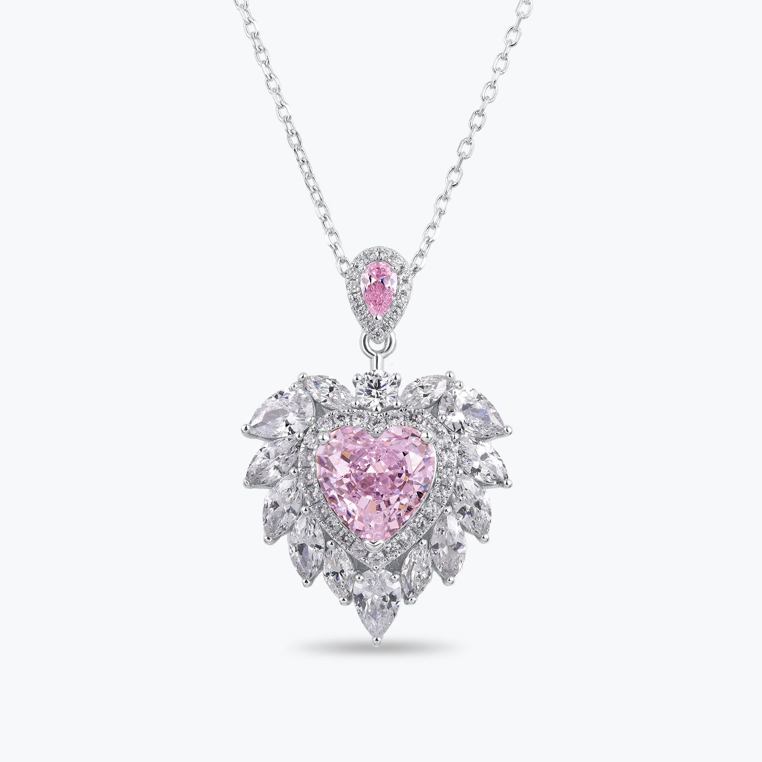 Dissoo® Pink Heart Halo Floral Cluster Sterling Silver Necklace