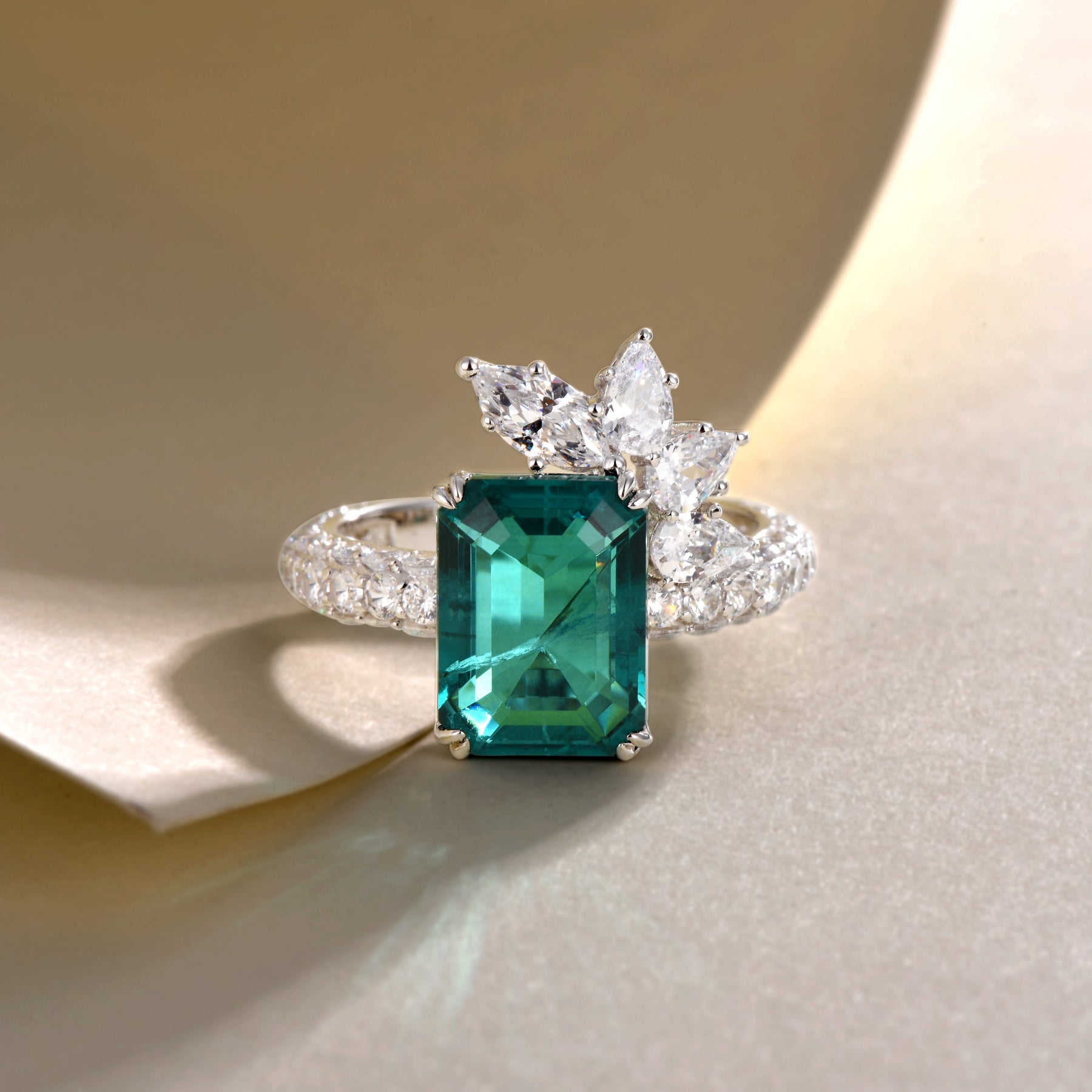 Dissoo® Emerald Green Floral Cluster Petite Pavé Engagement Ring