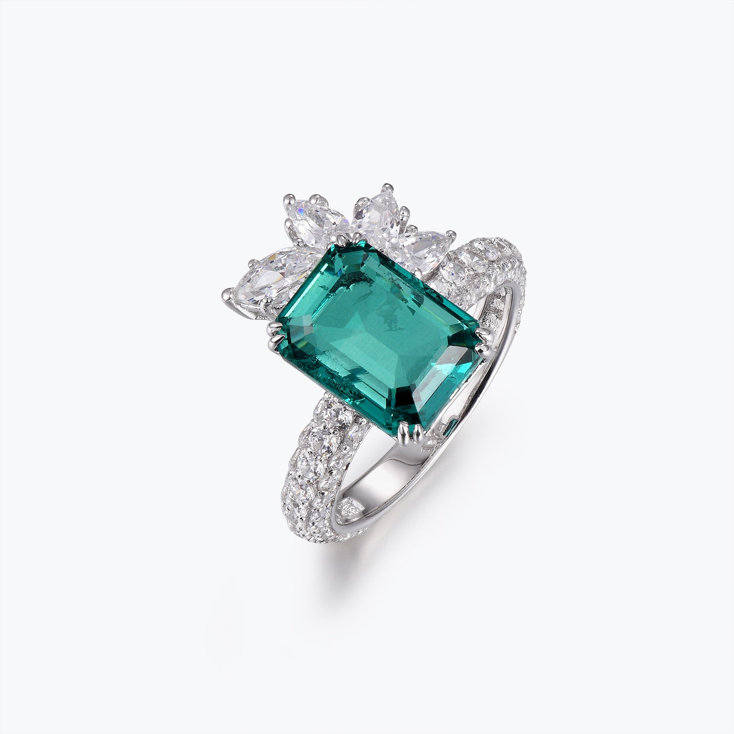 Dissoo® Emerald Green Floral Cluster Petite Pavé Engagement Ring