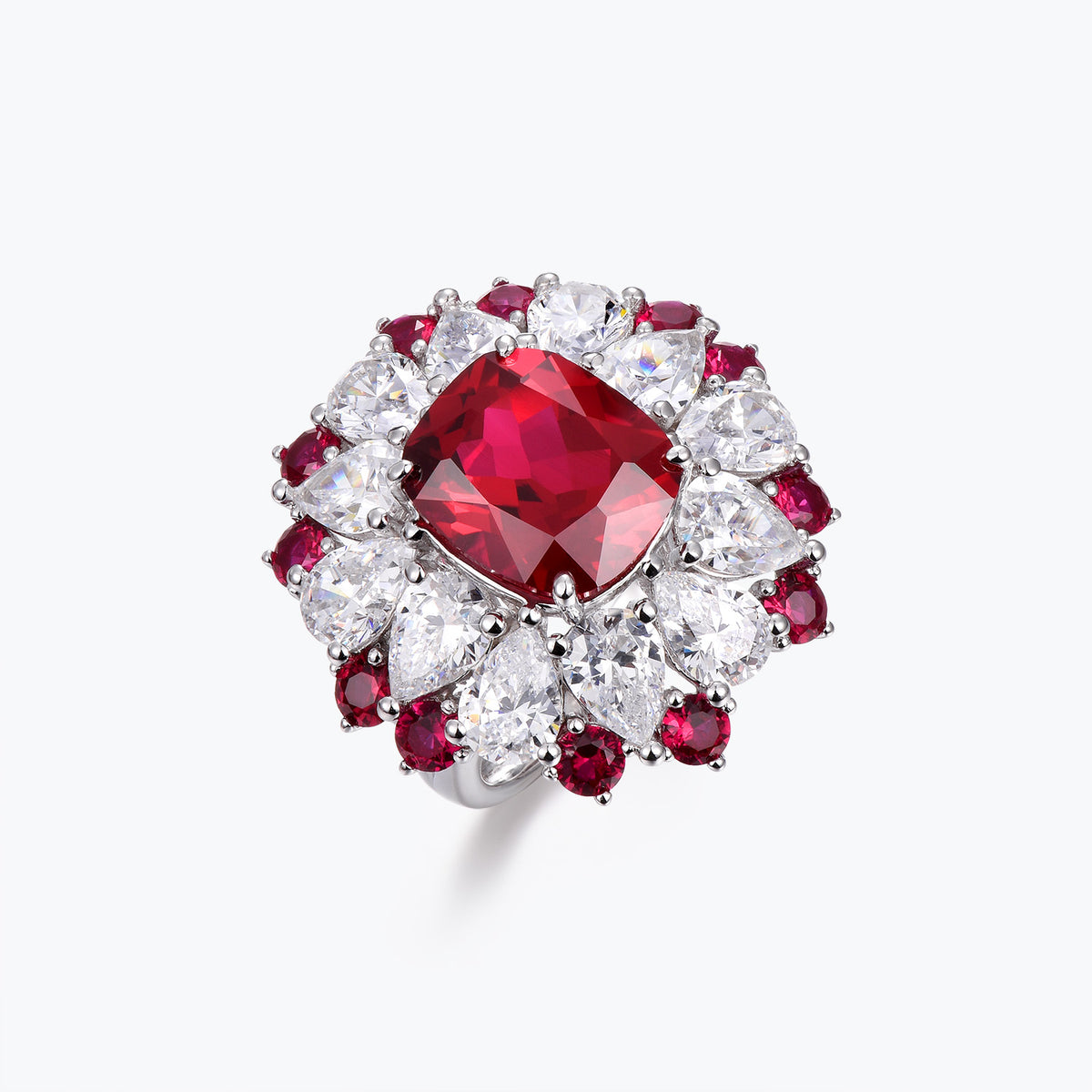 Dissoo® Ruby Red Cushion Cut Floral Cluster Cocktail Ring