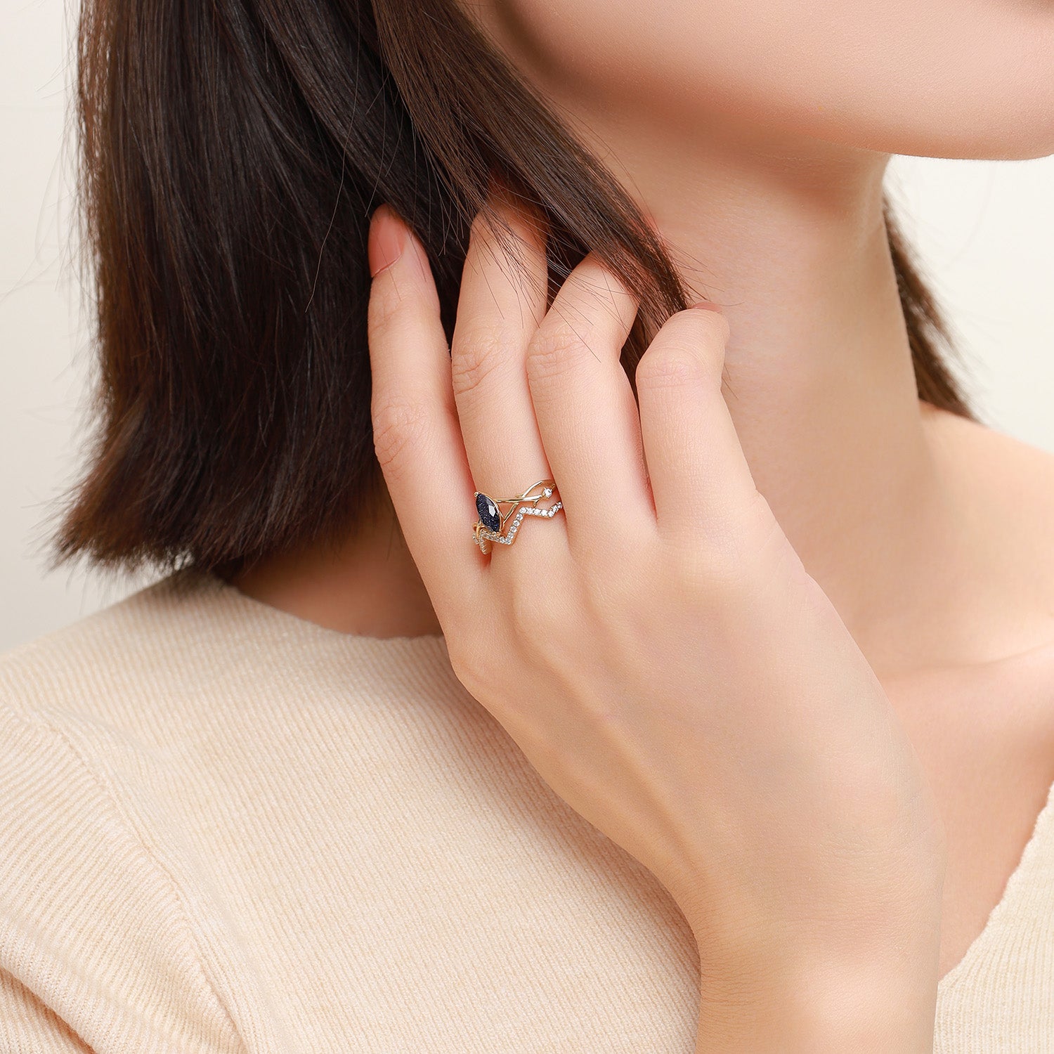 Dissoo® Winding Willow Marquise Blue Goldstone Brautset Verlobungsring