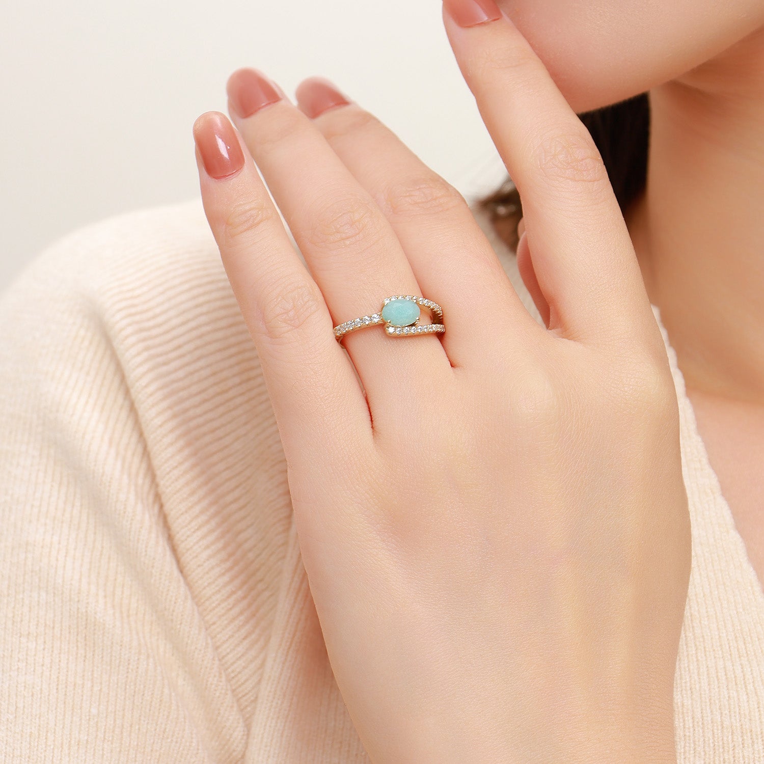 Bague de fiançailles Dissoo® en or ovale à anneau fendu et pavée d'amazonite