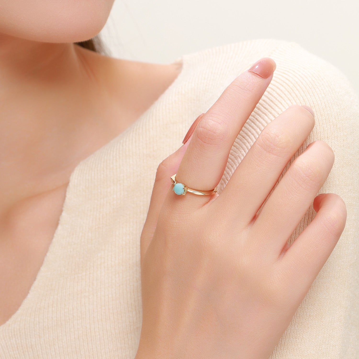 Round Cut Multi-faceted Amazonite Engagement Wedding Ring