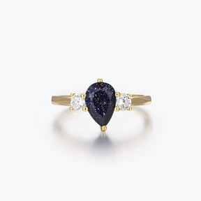 Dissoo® Gold Pear Blue Goldstone Multi-faceted Engagement Ring with side Moissanites