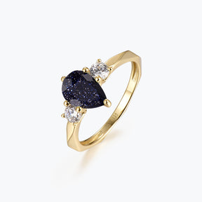 Dissoo® Gold Pear Blue Goldstone Multi-faceted Engagement Ring with side Moissanites