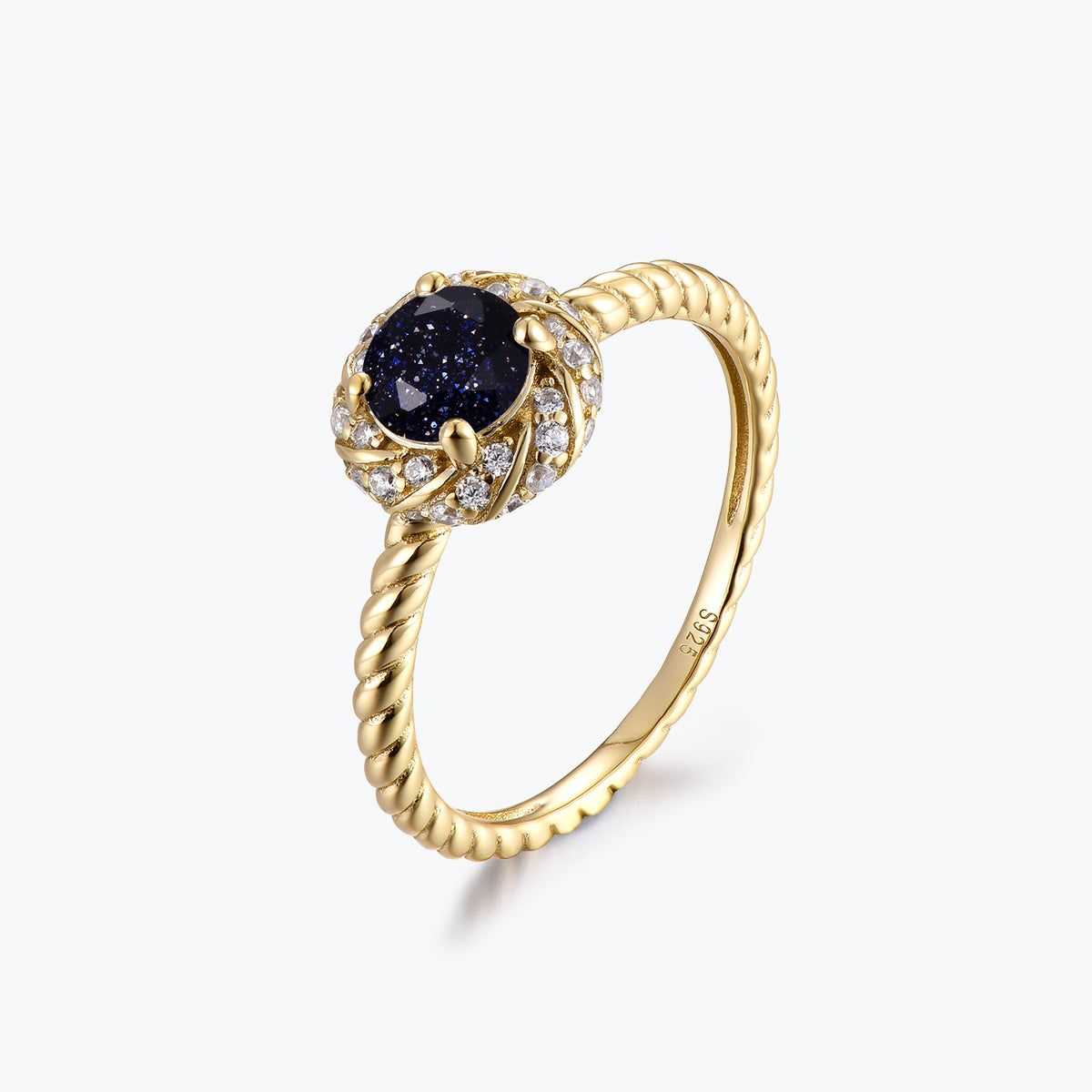Dissoo® Gold Round Blue Goldstone Swirl Halo Twisted Engagement Ring