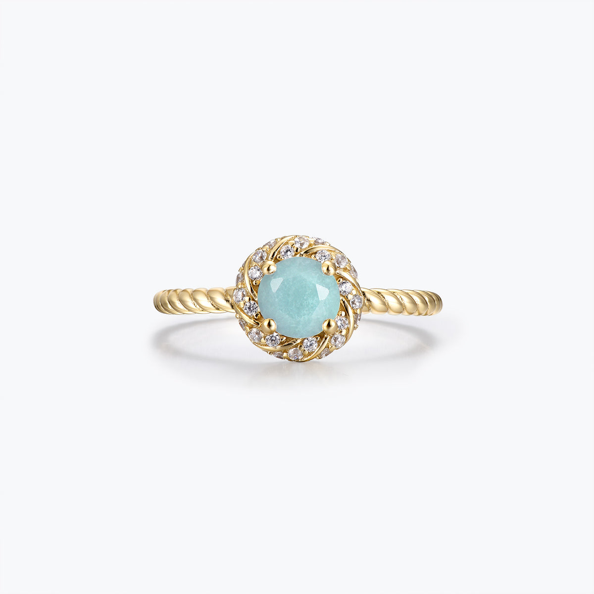 Dissoo® Yellow Gold Round Amazonite Swirl Halo Twisted Engagement Ring