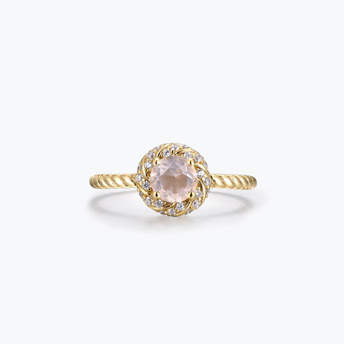Dissoo® Gold Round Pink Natural Rose Quartz Swirl Halo Twisted Engagement Ring
