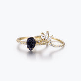 Dissoo® Pear Blue Goldstone Semi-Eternity Engagement Ring and Curved Marquise Accent Wedding Stackable Ring