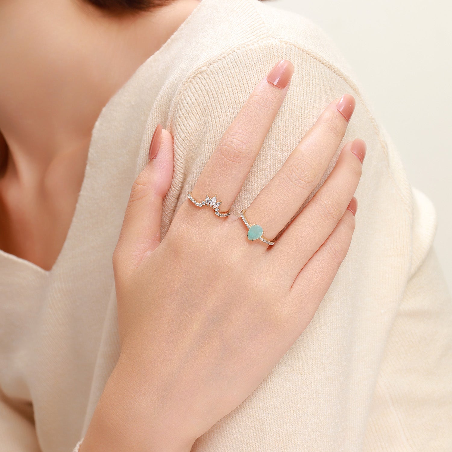 Dissoo® Birnenförmiger Amazonit-Halb-Ewigkeitsring-Set mit Soleil Curved Stacked Ring