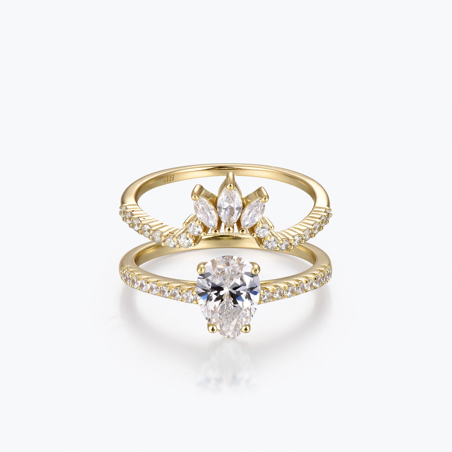 Dissoo® Birnenförmiger Semi-Eternity-Moissanit-Verlobungsring und gebogener Pavé-Hochzeitsring zum Stapeln