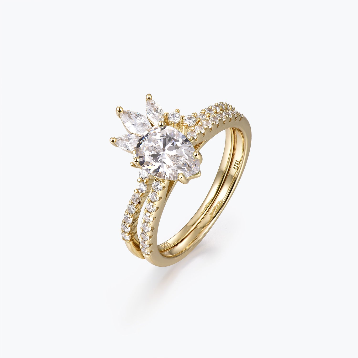 Dissoo® Birnenförmiger Semi-Eternity-Moissanit-Verlobungsring und gebogener Pavé-Hochzeitsring zum Stapeln