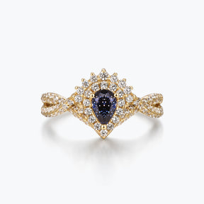 Dissoo® Gold Pear Blue Goldstone Halo Bridal Set with V-Shaped Semi-Eternity Wedding Band