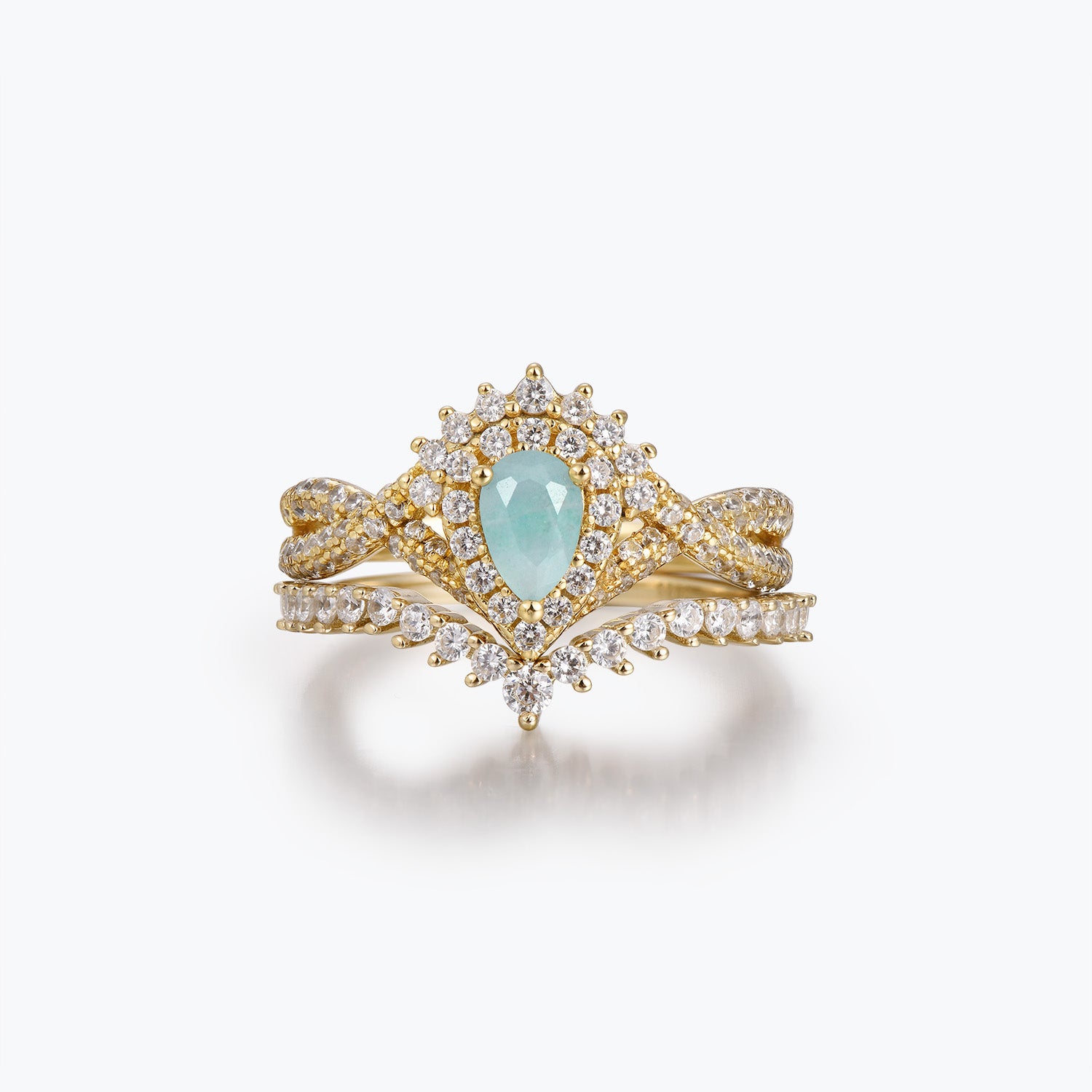 Pear Cut Amazonite Twist Pavé Shank Halo Engagement Ring Set