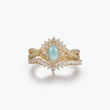 Dissoo® Pear Halo Amazonite Twist Pavé Shank Engagement Ring and V Shaped Moissanite Wedding Ring