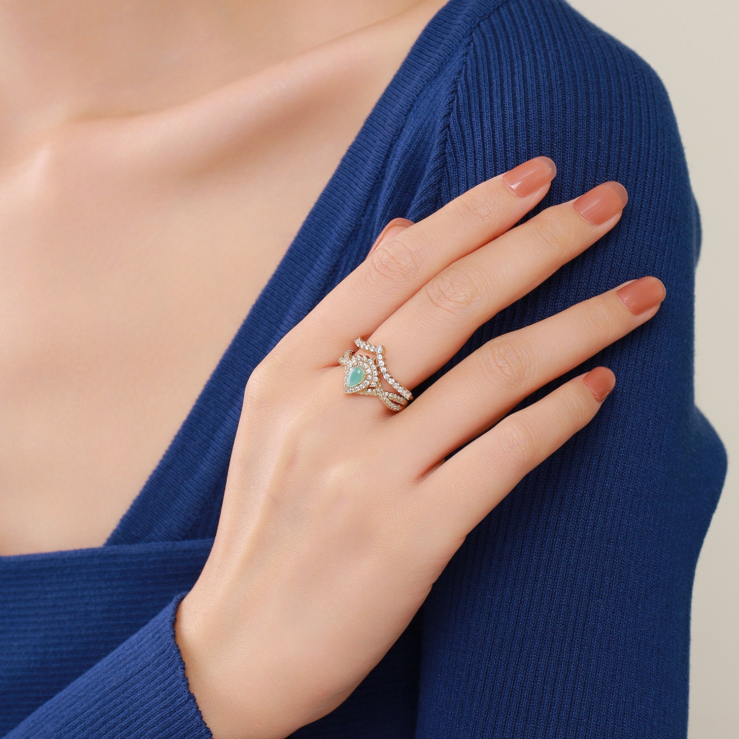 Pear Cut Amazonite Twist Pavé Shank Halo Engagement Ring Set