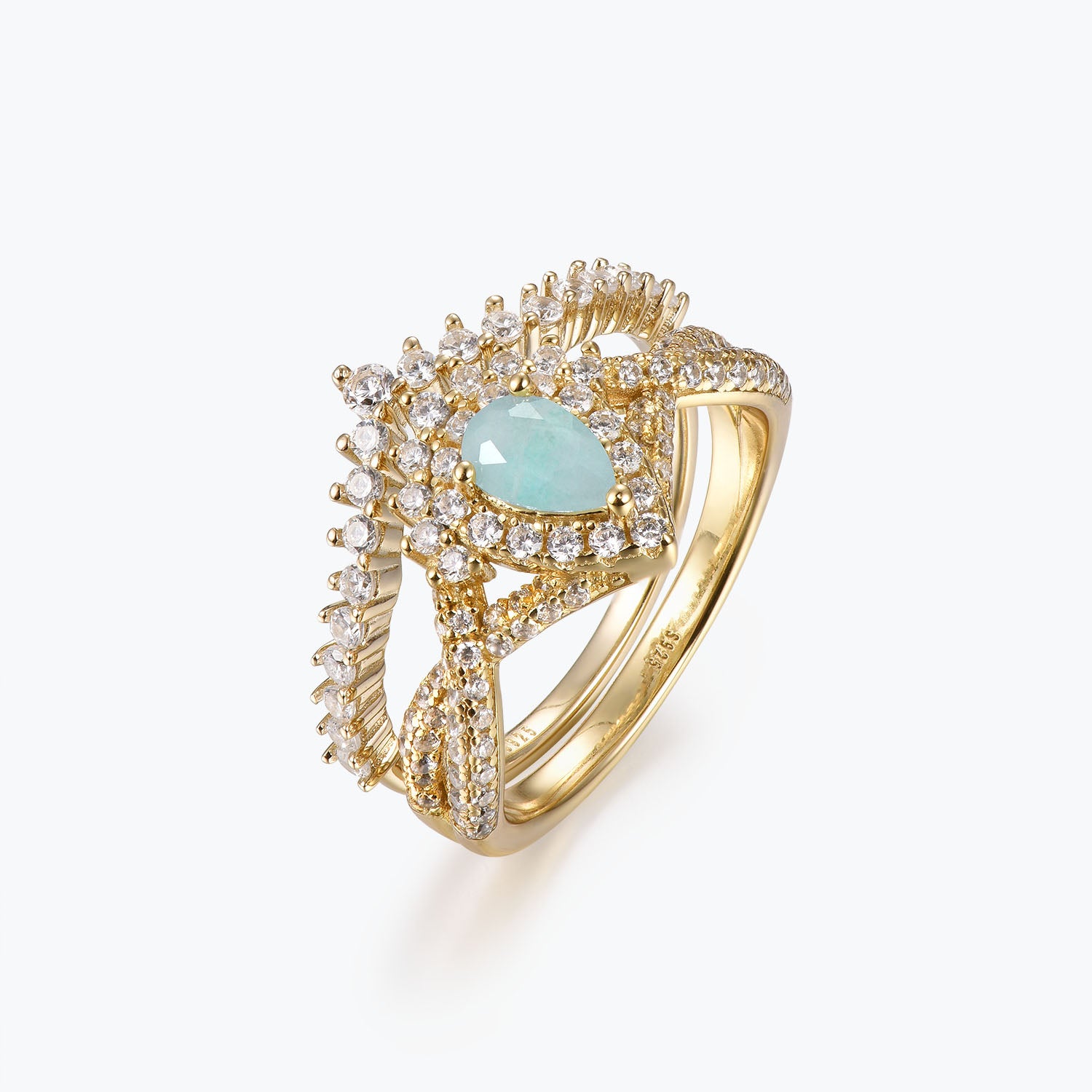 Pear Cut Amazonite Twist Pavé Shank Halo Engagement Ring Set