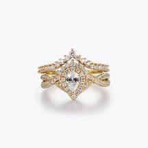 Dissoo® Pear Halo Moissanite Twist Pavé Shank Engagement Ring and V Shaped Moissanite Wedding Ring