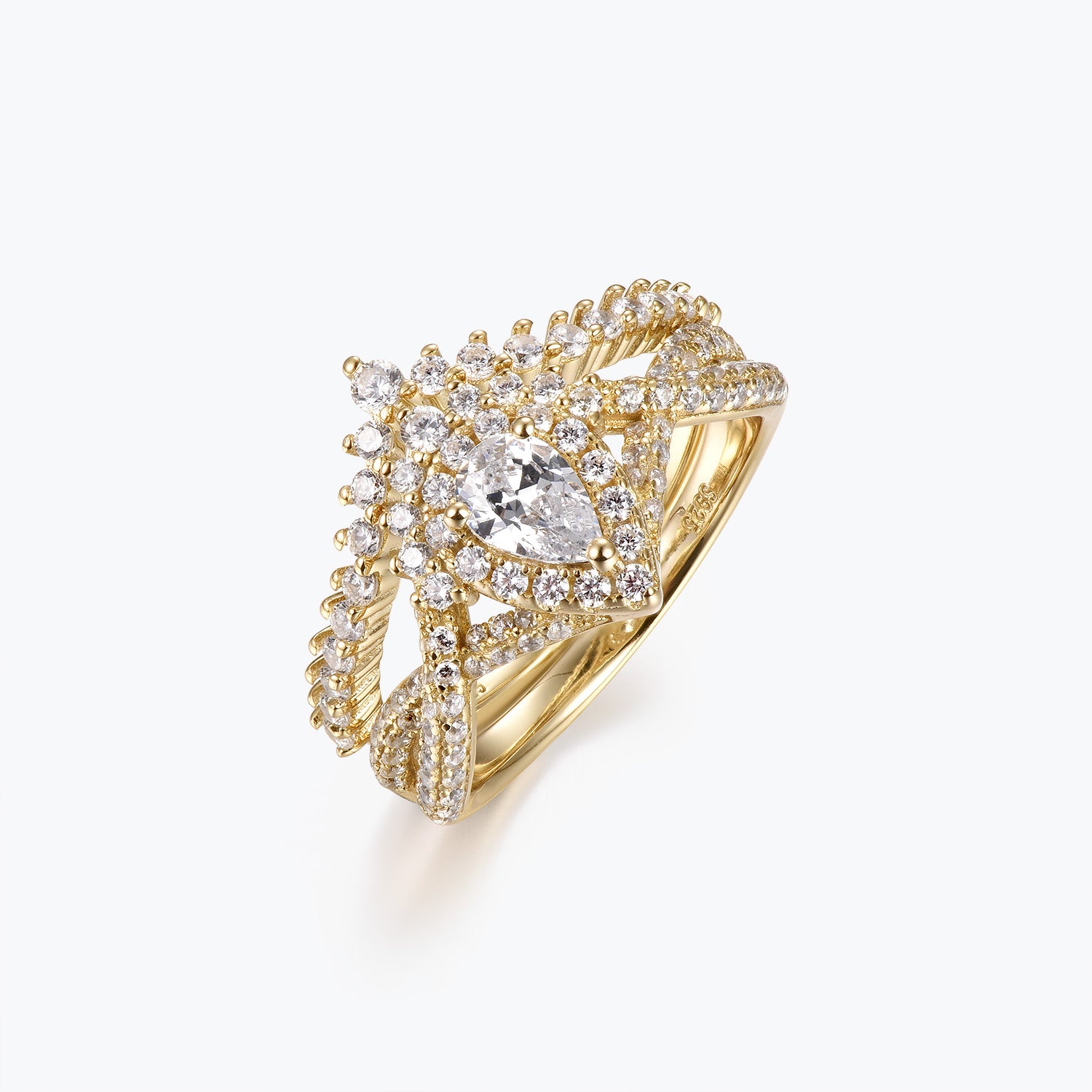 Dissoo® Birnenförmiger Halo-Moissanit-Verlobungsring mit gedrehter Pavé-Schnittkante und V-förmiger Moissanit-Ehering