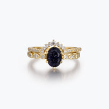 Dissoo® Oval Versailles Blue Goldstone Engagement Ring and Curved Pavé Wedding Stackable Ring