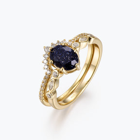 Dissoo® Oval Versailles Blue Goldstone Engagement Ring and Curved Pavé Wedding Stackable Ring