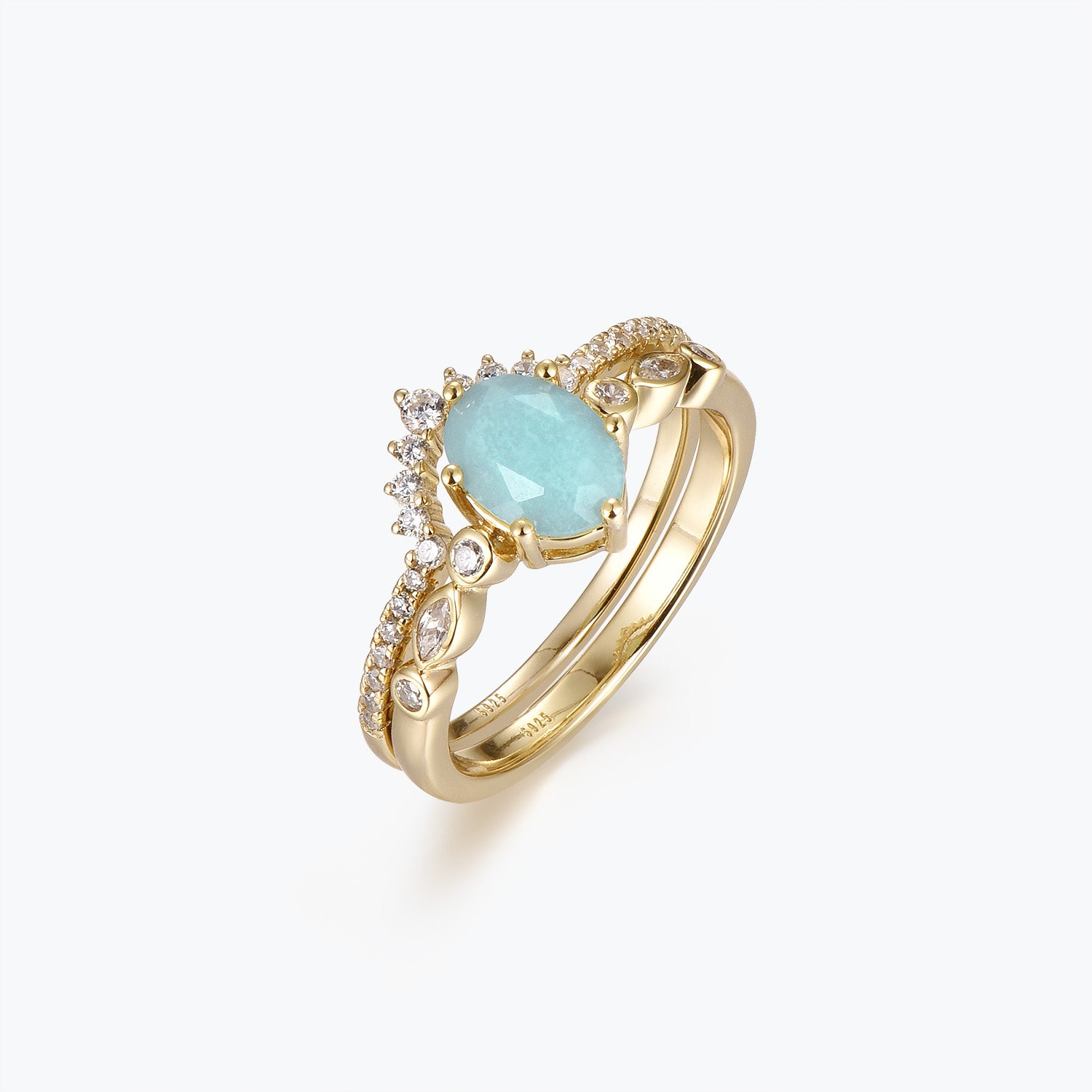 Bague de fiançailles Dissoo® Oval Versailles en amazonite et bague de mariage pavée incurvée empilable