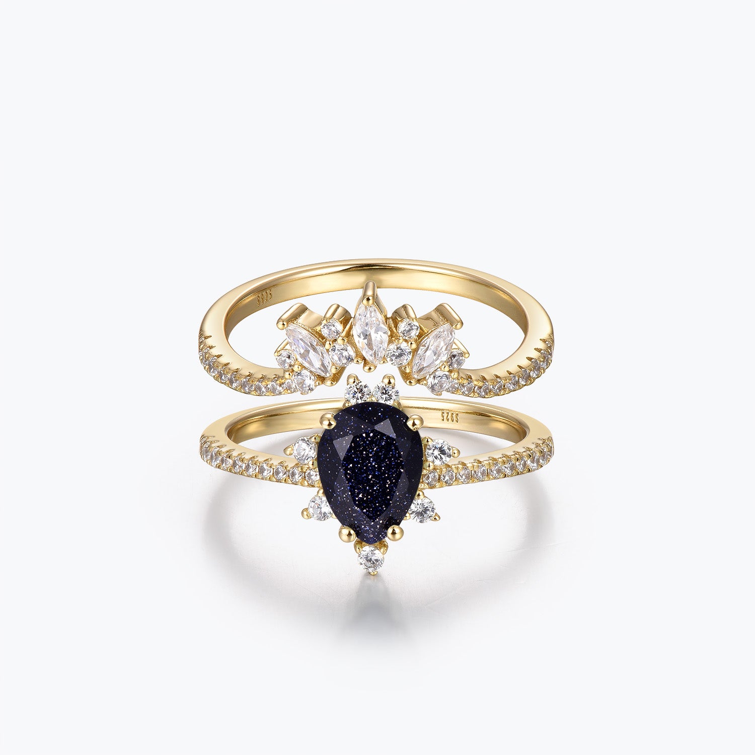 Dissoo® Birnenförmiger Verlobungsring mit floralem Muster, blauem Goldstein und gebogenem Pavé-Ring, stapelbar