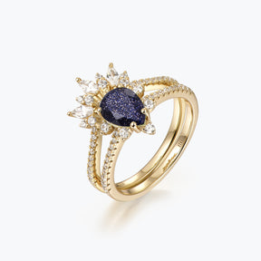 Dissoo® Pear Floral Blue Goldstone Engagement Ring with Curved Pavé Stackable Ring