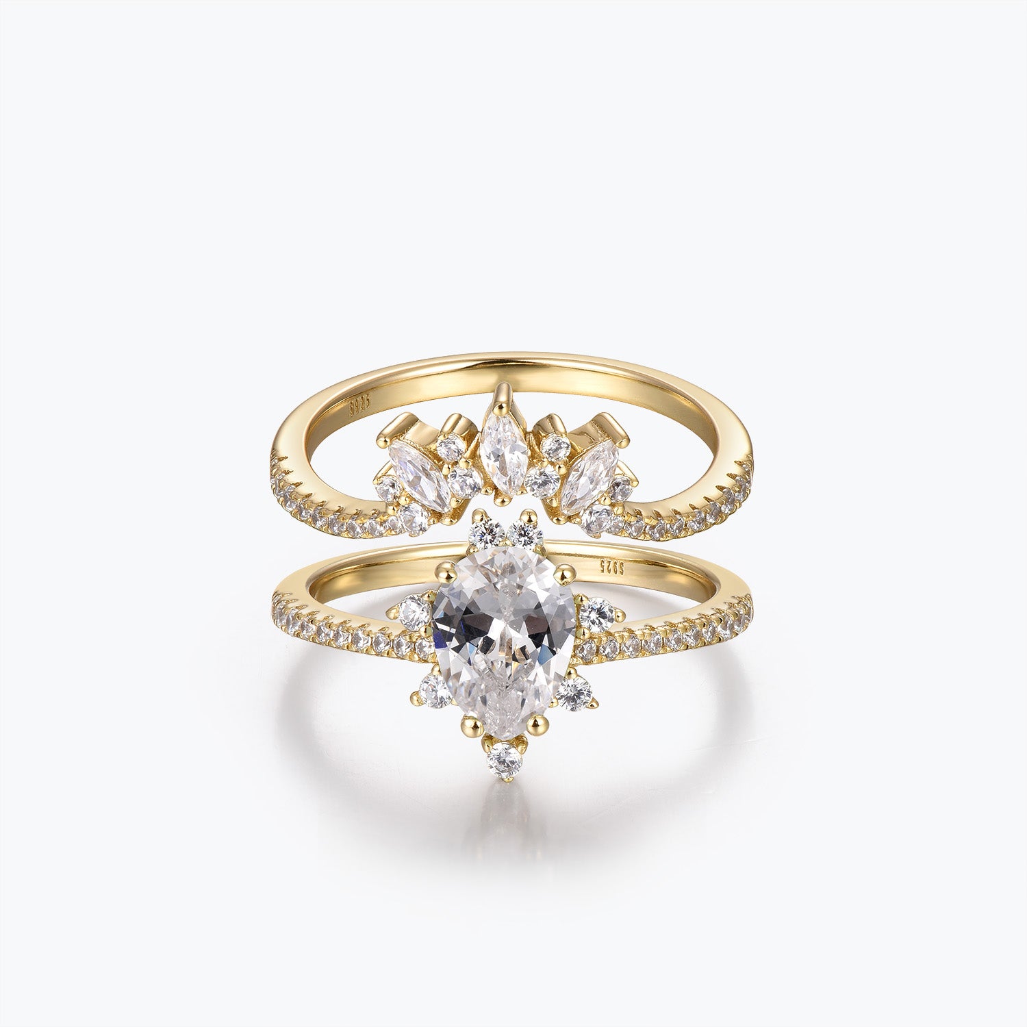 Dissoo® Birnenförmiger Moissanit-Verlobungsring mit floralem Muster und Semi-Eternity-Fassung sowie geschwungener Ehering mit Marquise-Akzent