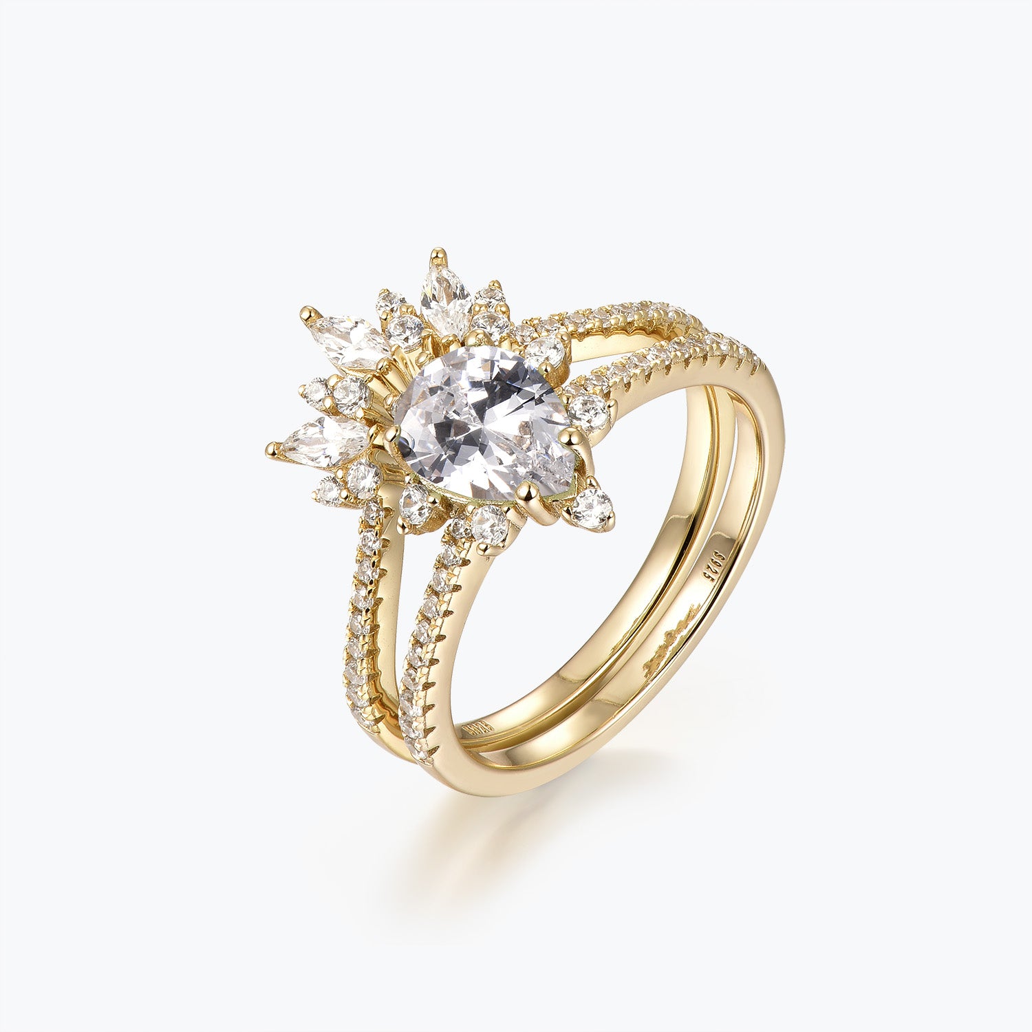 Dissoo® Birnenförmiger Moissanit-Verlobungsring mit floralem Muster und Semi-Eternity-Fassung sowie geschwungener Ehering mit Marquise-Akzent