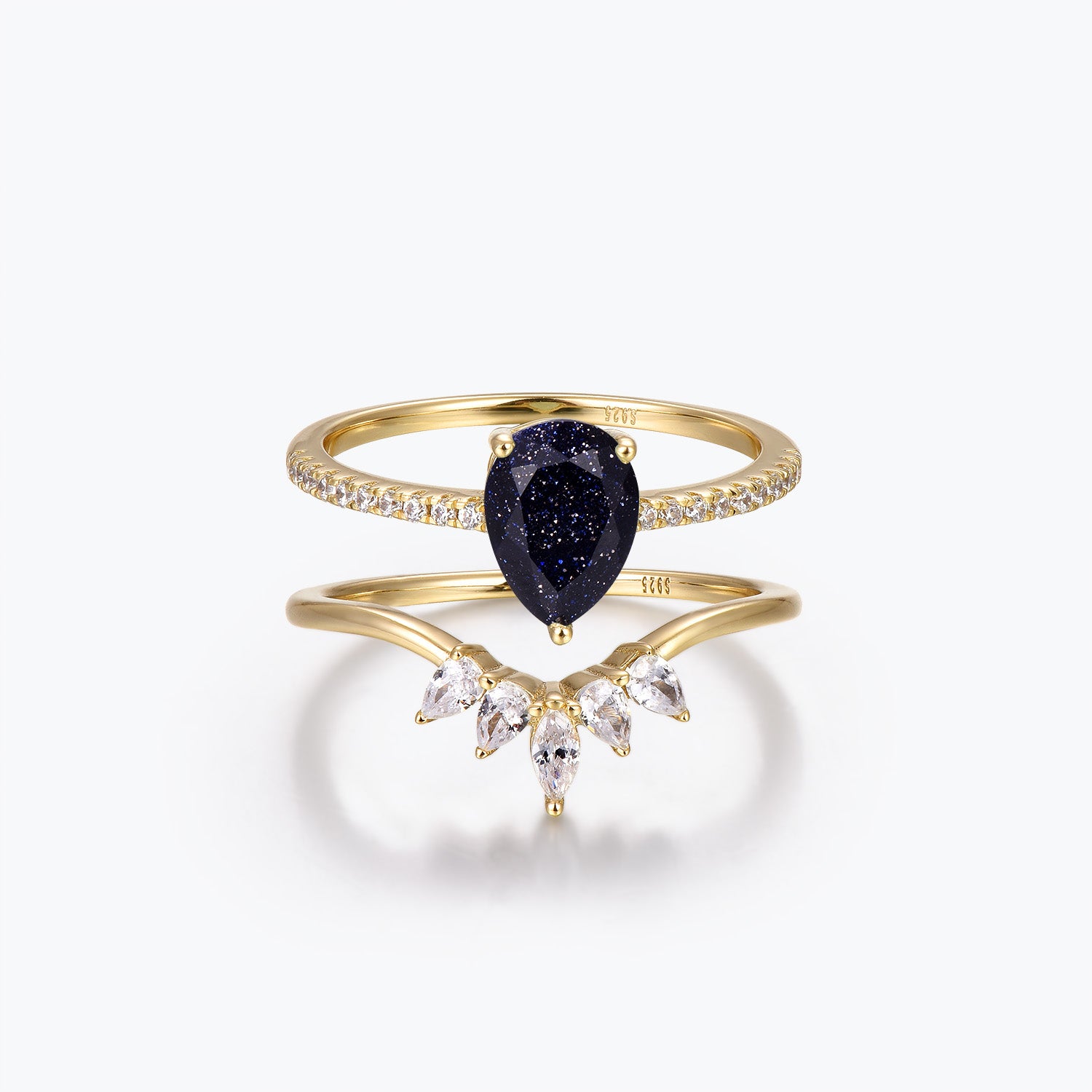 Timeless Pear Cut Blue Goldstone Engagement Ring Set