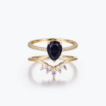 Dissoo® Pear Blue Goldstone Engagement Ring with Curved Marquise Accent Wedding Band Stackable Ring