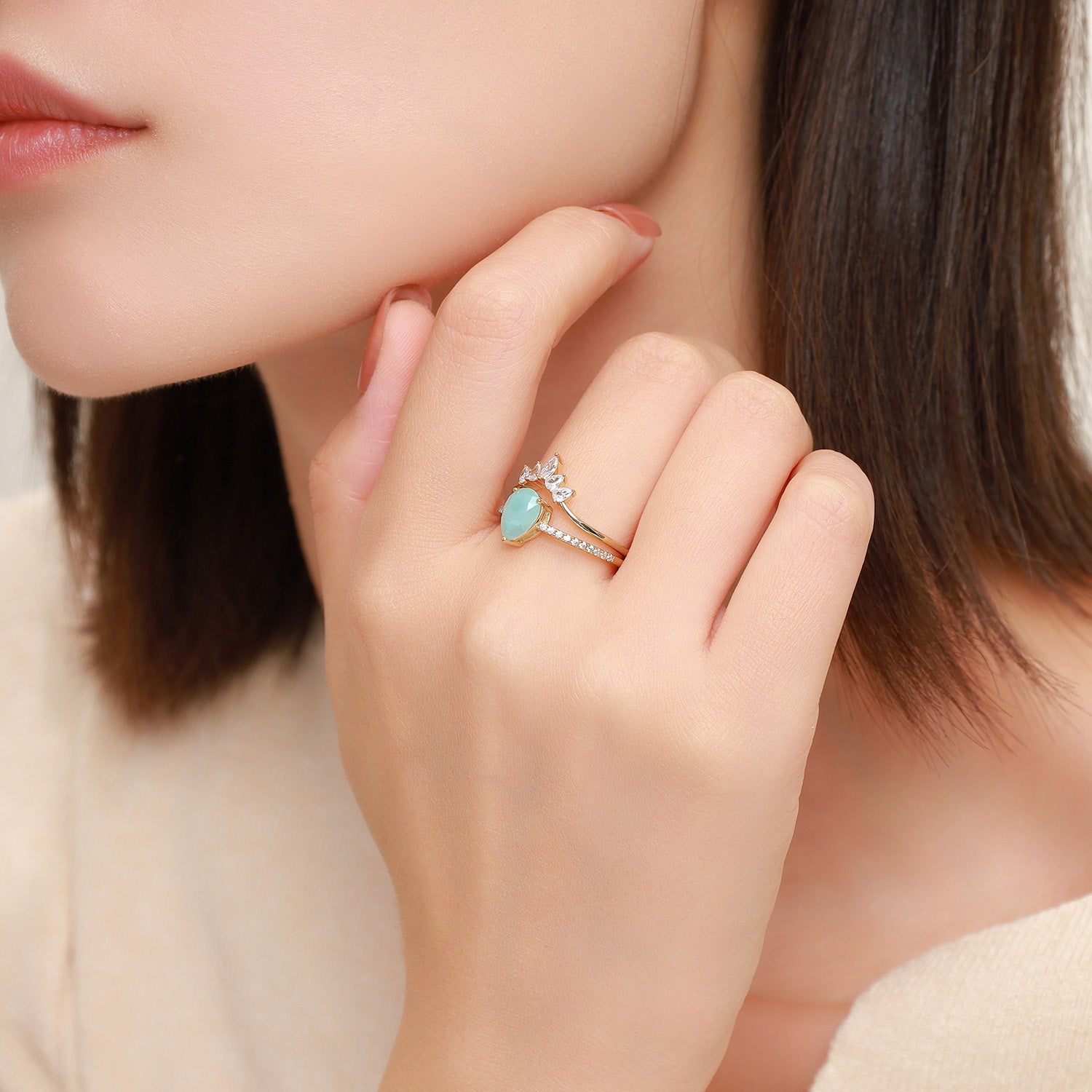 Pear Cut Amazonite Half-Eternity Engagement Ring Set