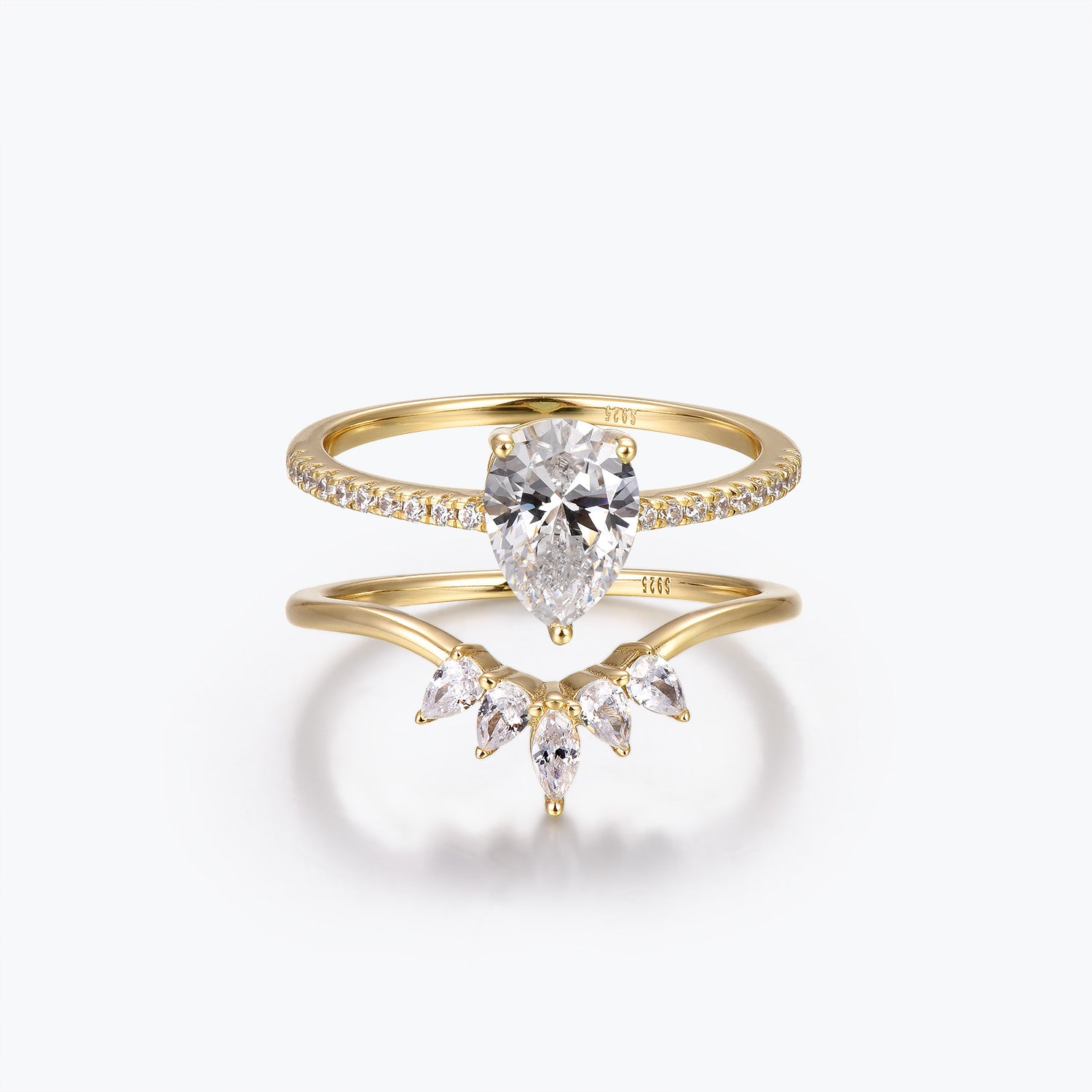 Bague de fiançailles semi-éternité Dissoo® en moissanite en forme de poire et alliance sertie d'un grappe de poires incurvées