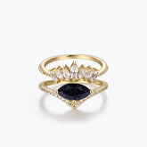 Dissoo® Oval Blue Goldstone Curved-Pavé Engagement Ring with Curved Marquise Accent and Pavé Wedding Ring