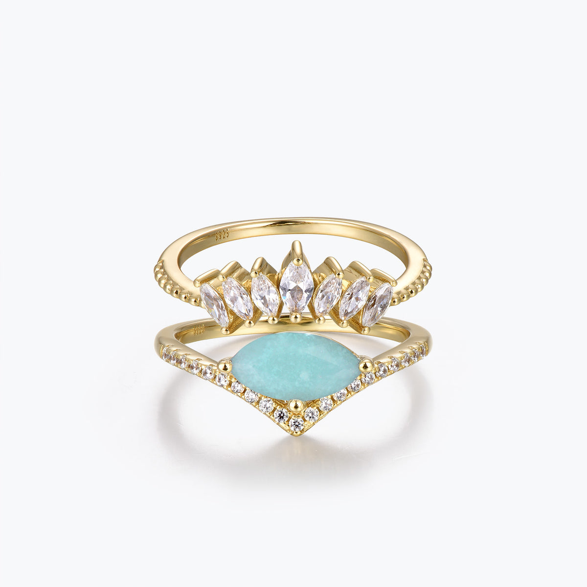 Dissoo® Oval Amazonite Curved-Pavé Engagement Ring with Curved Marquise Accent and Pavé Wedding Ring
