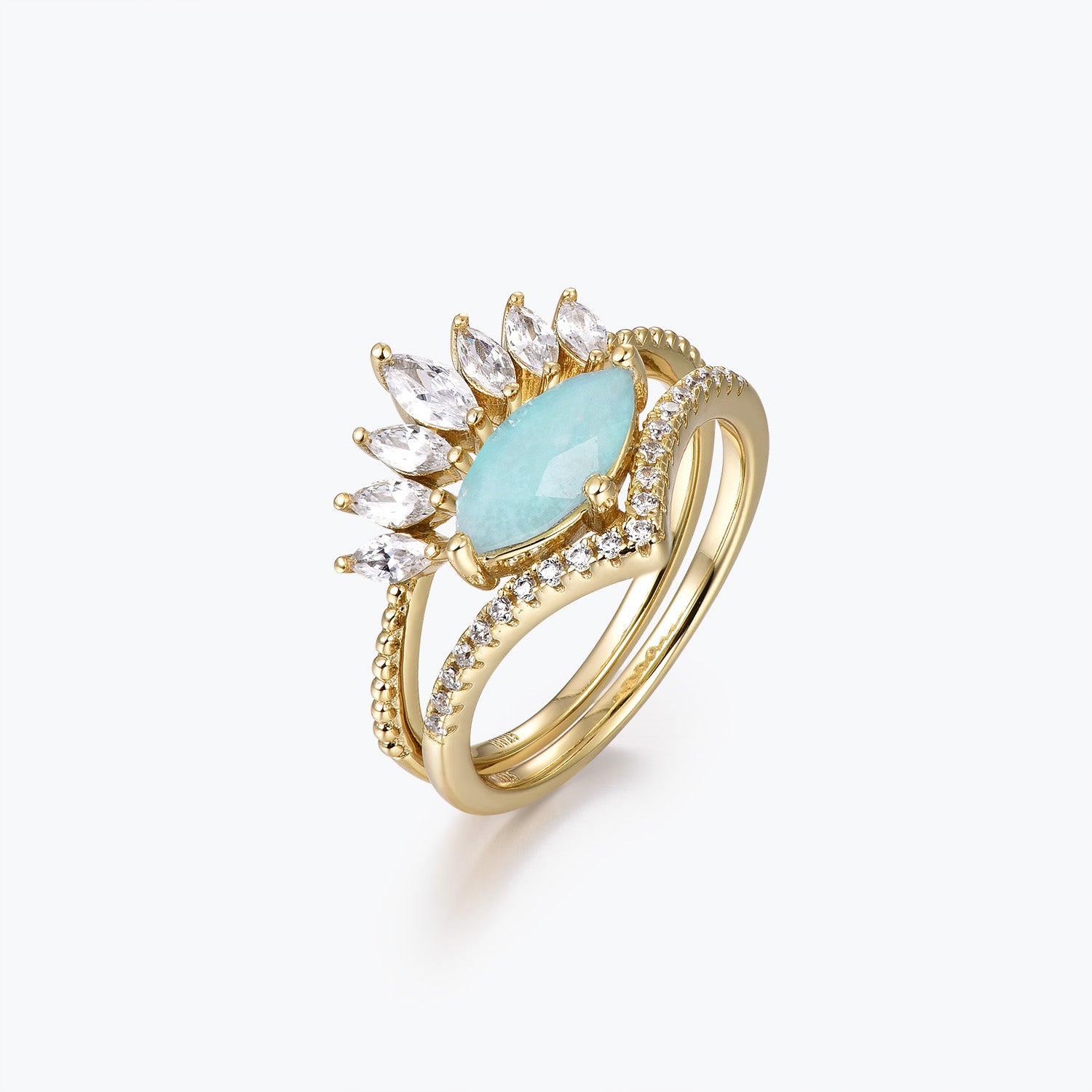 Dissoo® Oval Amazonite Curved-Pavé Engagement Ring with Curved Marquise Accent and Pavé Wedding Ring