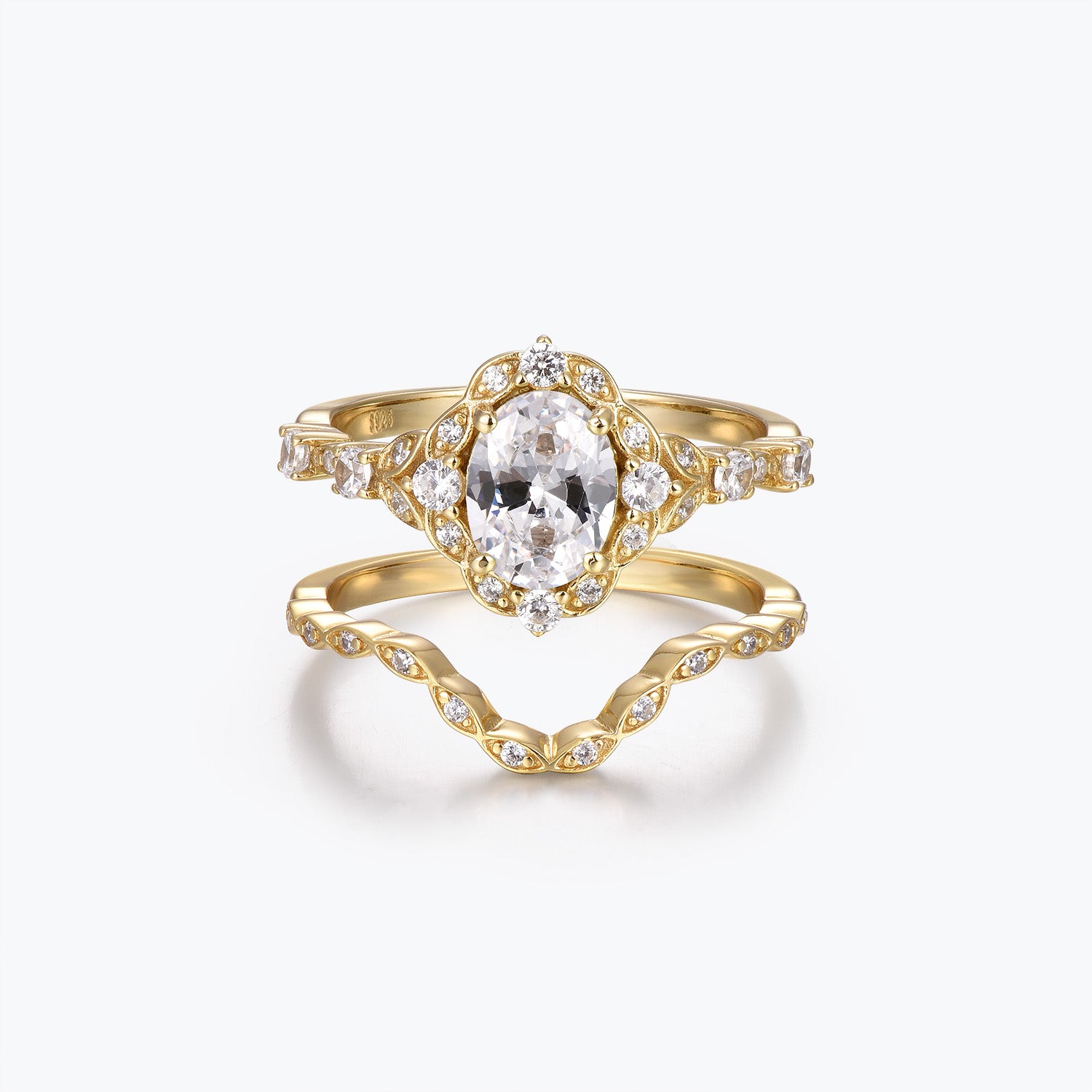 Bague de fiançailles Dissoo® ovale en moissanite avec halo et alliance Versailles incurvée