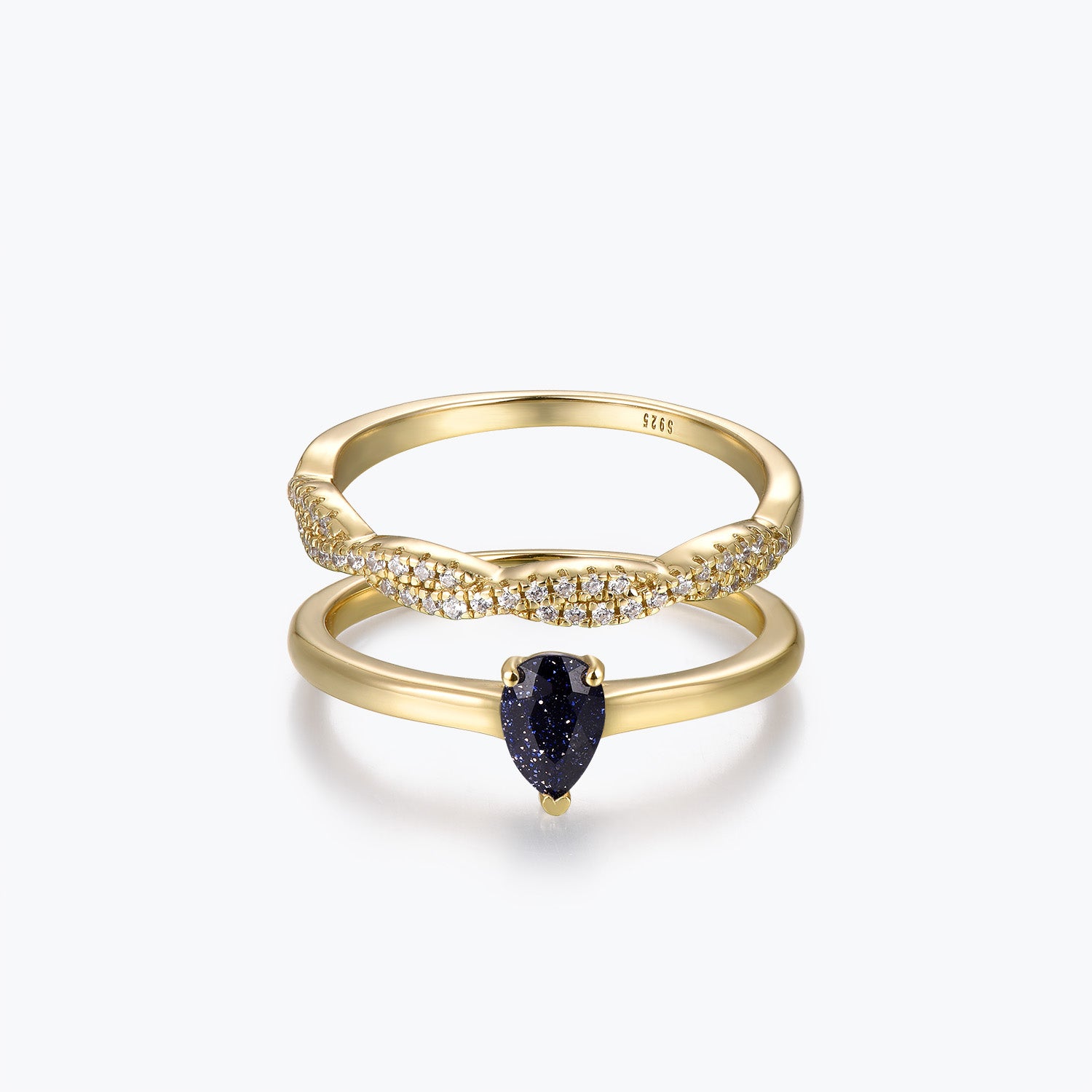 Dissoo® Birnenförmiger blauer Goldstein-Brautschmuck mit goldenem Pavé-Ehering