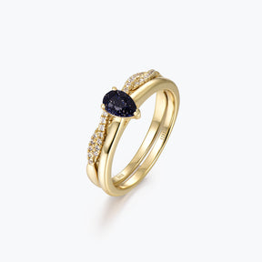 Dissoo® Pear Cut Blue Goldstone Gold Bridal Set with Gold Crossover Pavé Wedding Band