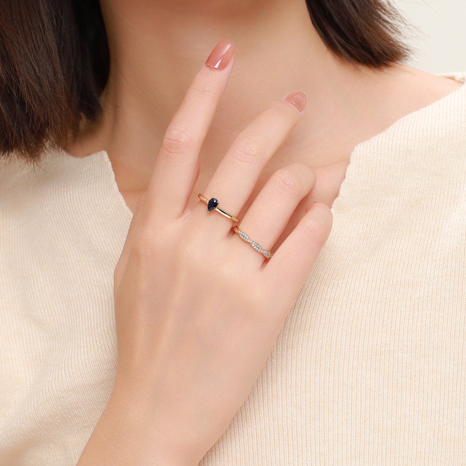 Dissoo® Birnenförmiger blauer Goldstein-Brautschmuck mit goldenem Pavé-Ehering