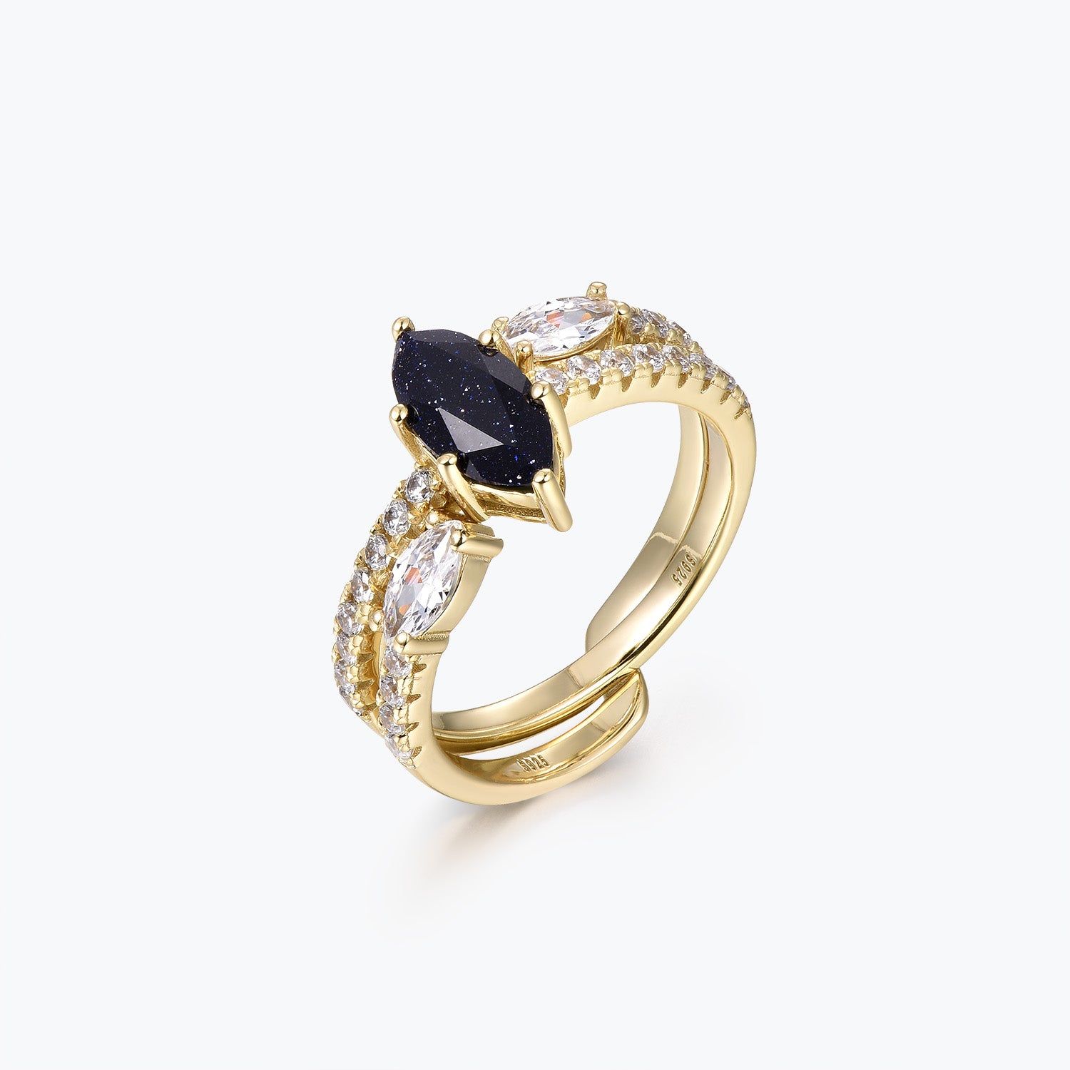 Marquise Cut Blue Goldstone Half-Pavé Engagement Ring Set