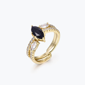 Dissoo® Marquise Blue Goldstone Half-Pavé Engagement Ring with Open-shank Wedding Ring