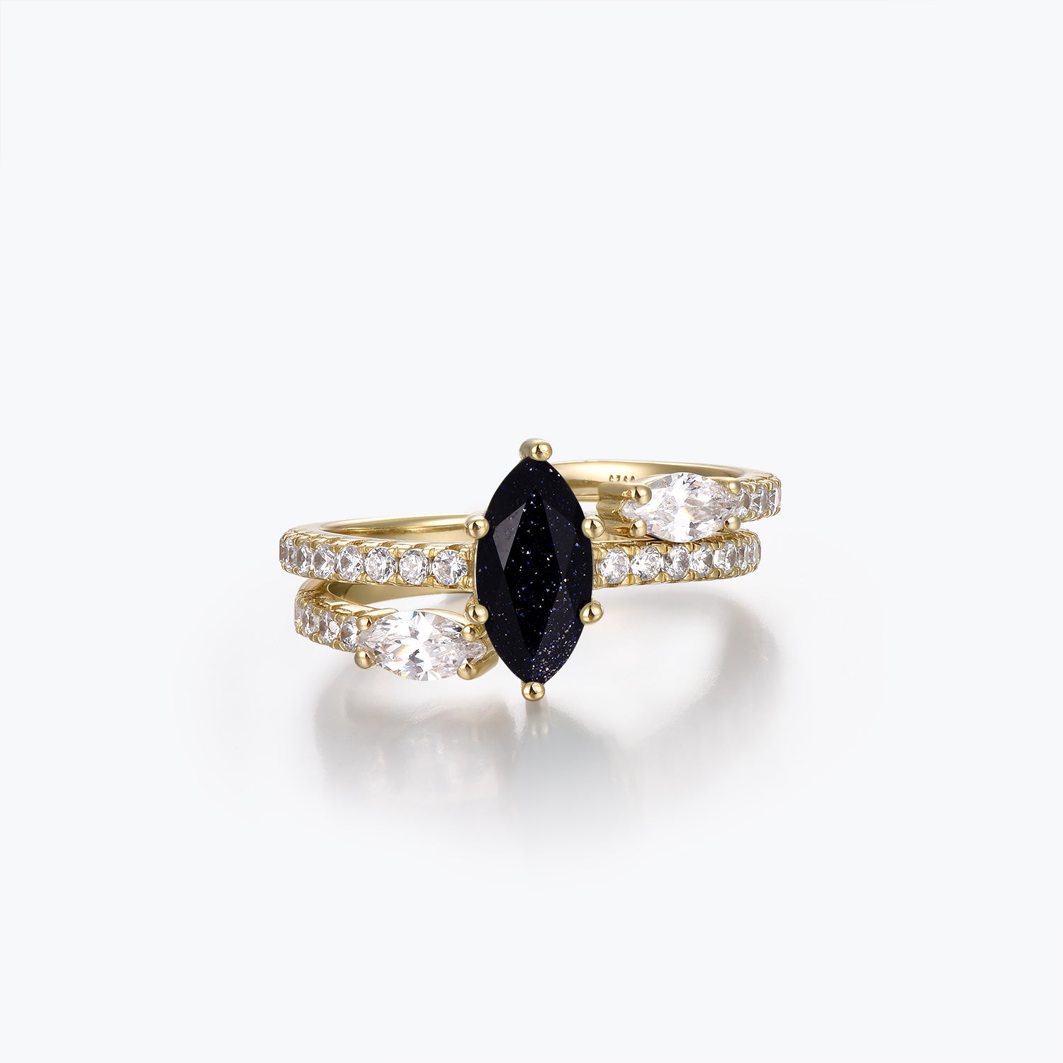 Dissoo® Marquise Blue Goldstone Half-Pavé Engagement Ring with Open-shank Wedding Ring