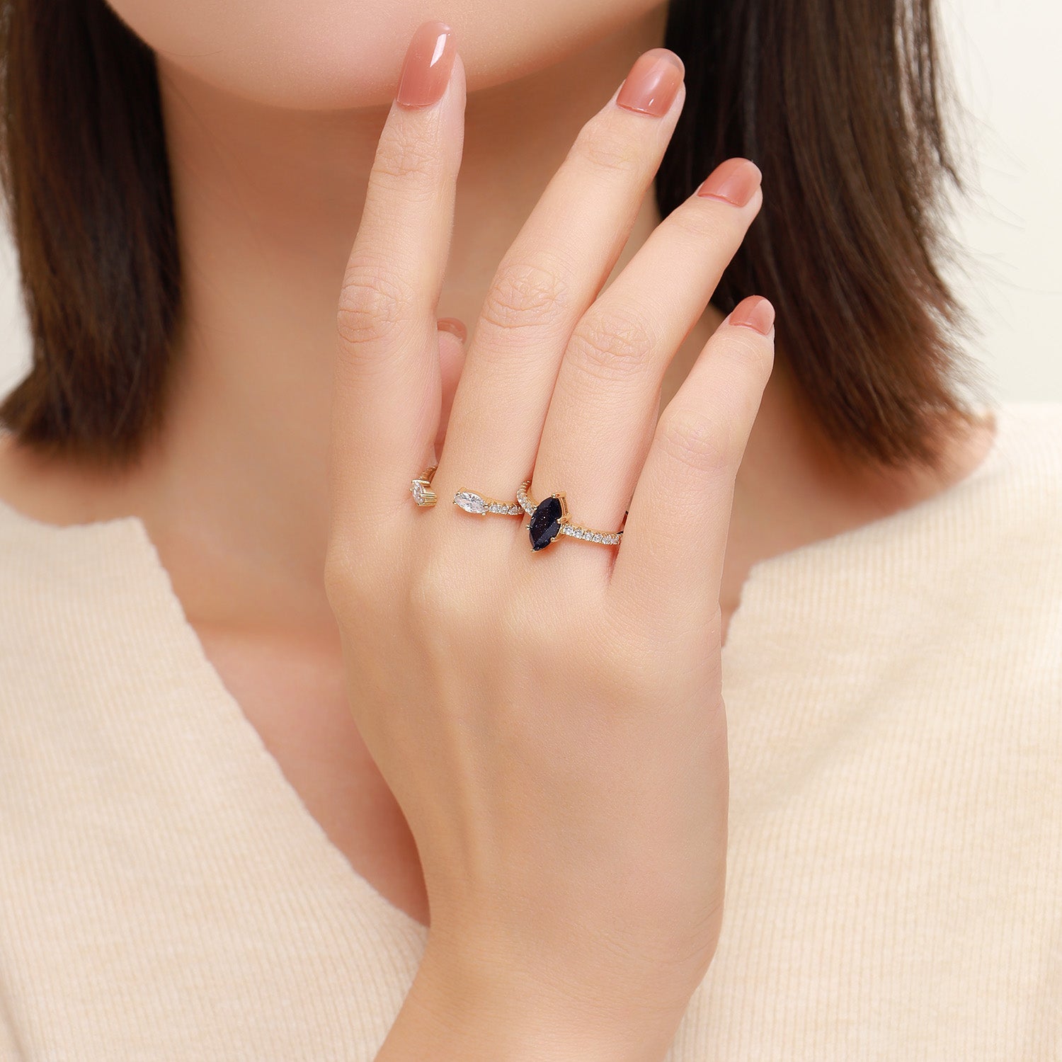 Marquise Cut Blue Goldstone Half-Pavé Engagement Ring Set