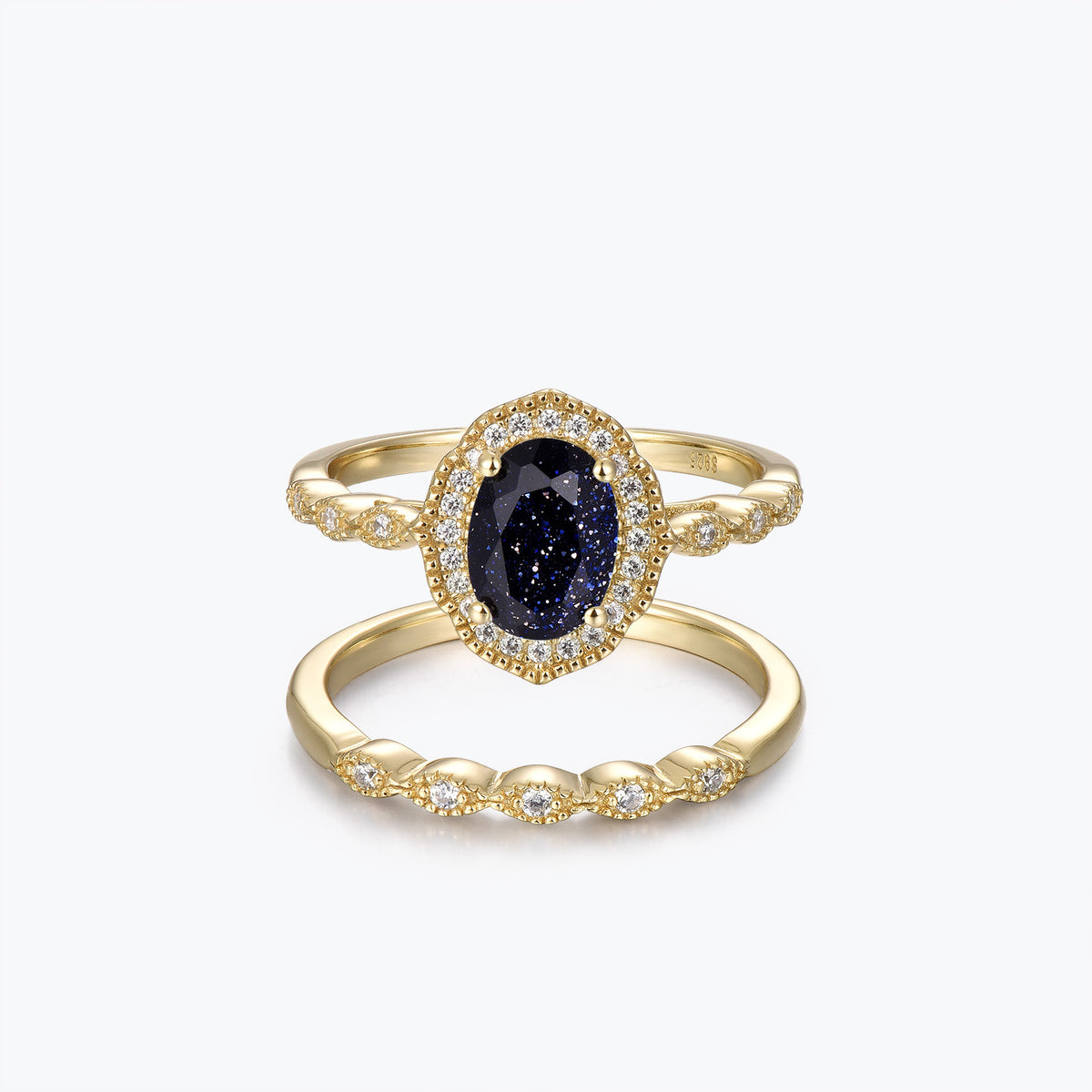 Dissoo® Oval Blue Goldstone Halo Engagement Ring with Gold Versailles Wedding Ring