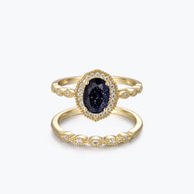 Dissoo® Oval Blue Goldstone Halo Engagement Ring with Gold Versailles Wedding Ring