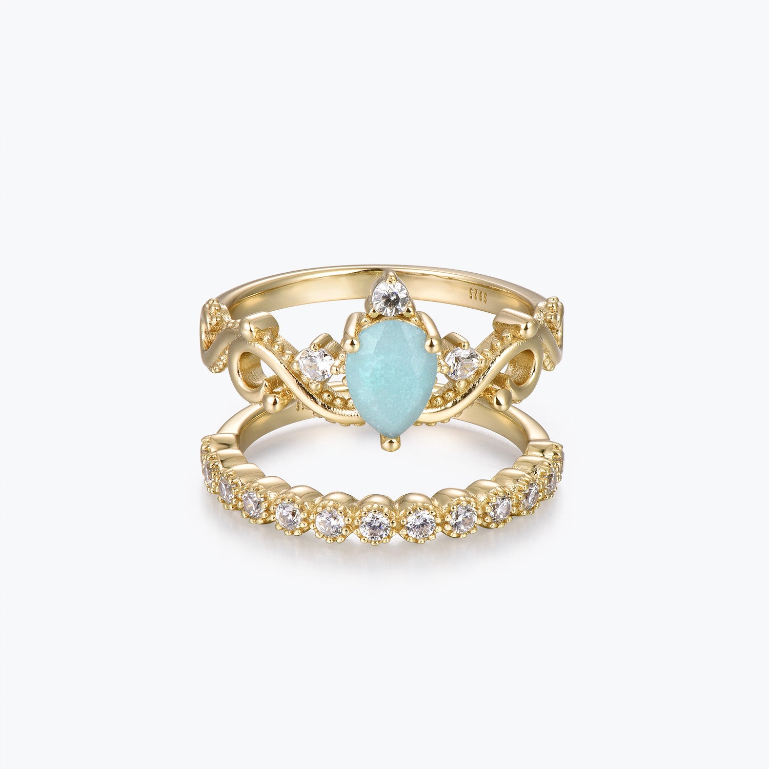 Victorian Lace Pear Cut Amazonite Engagement Ring Set